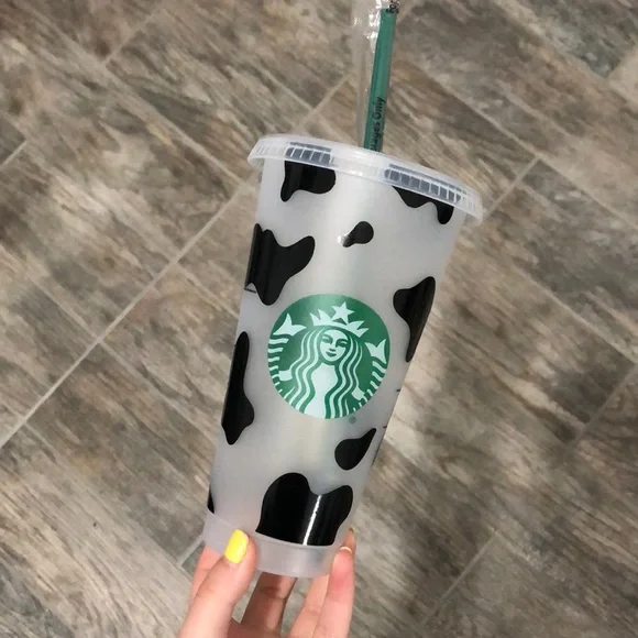 Starbucks Black and White Cow Print Tumbler with Green Logo - Picture 3 of 5